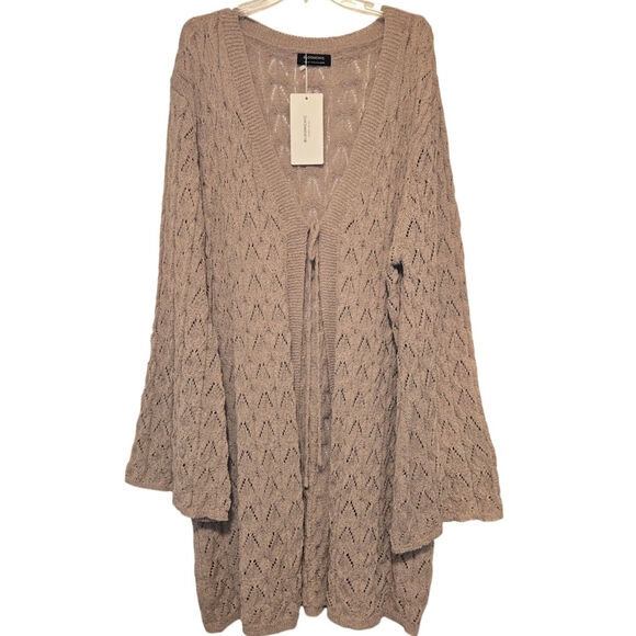 Sz 18/20 BLOOMCHIC Taupe Eyelet Lace Knit Super Stretch, Tie-Close Long Cardigan - Picture 1 of 8